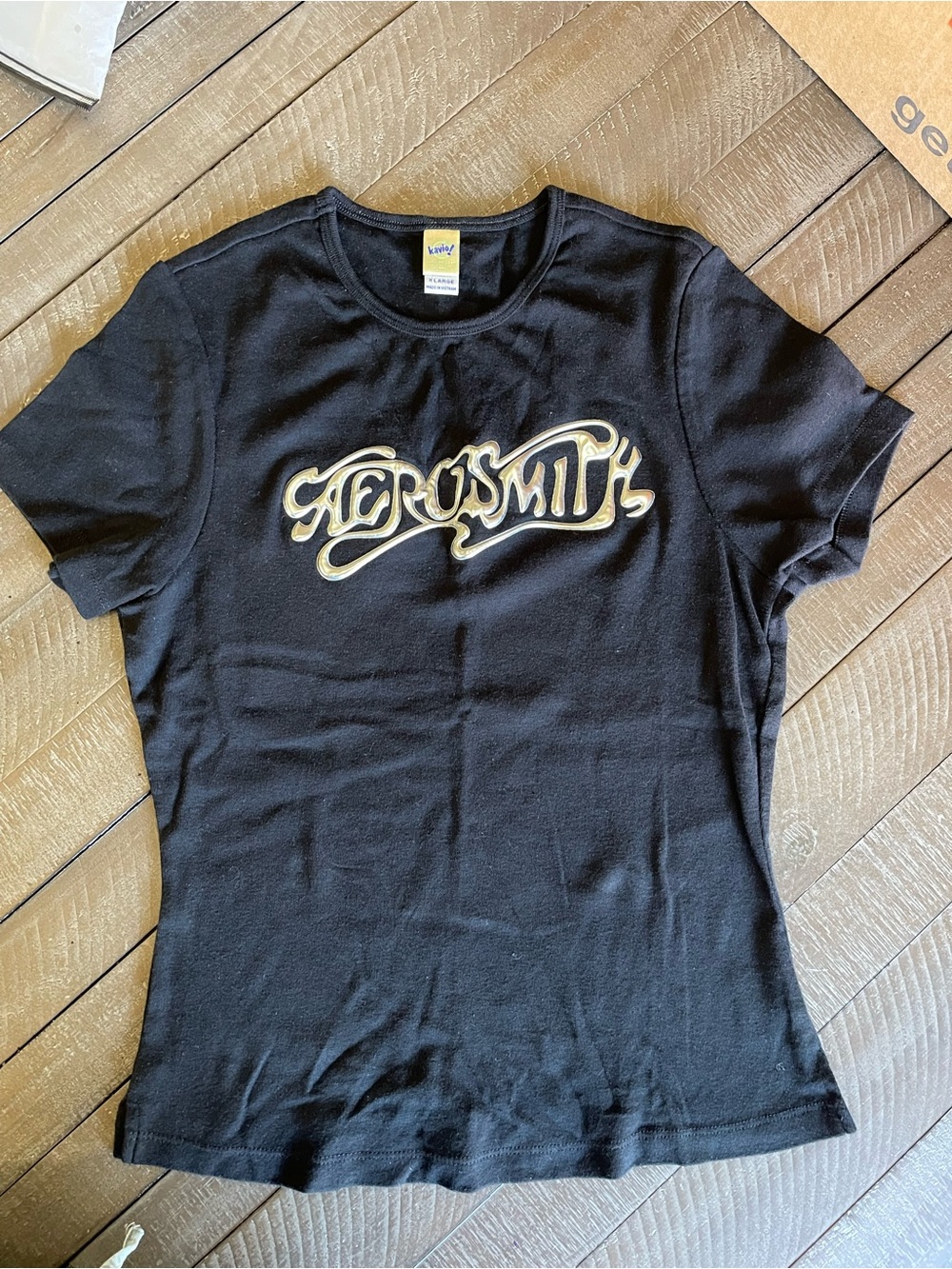 Kavio Black Short Sleeve Tee with Silver raised Script Logo - Aerosmith